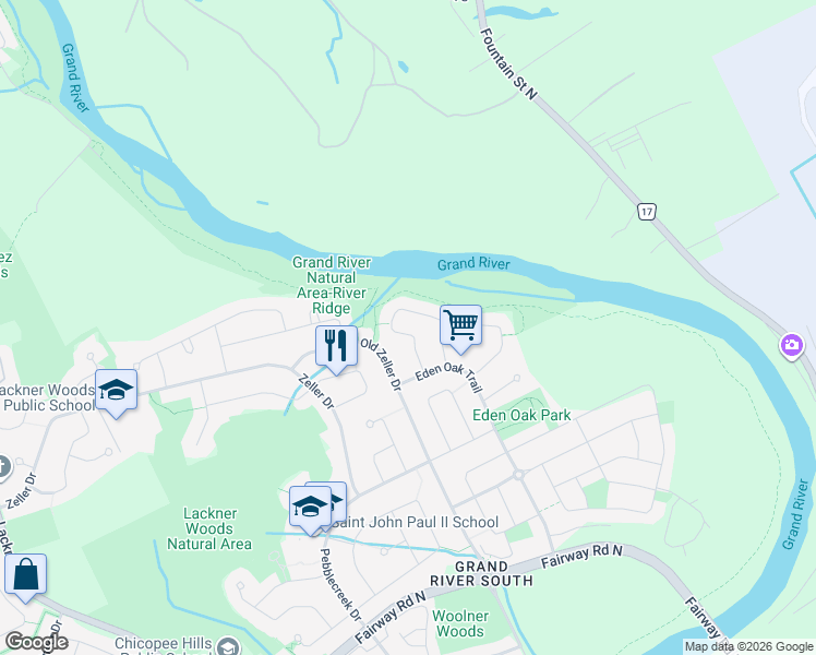 map of restaurants, bars, coffee shops, grocery stores, and more near 54 Stillwater Street in Kitchener