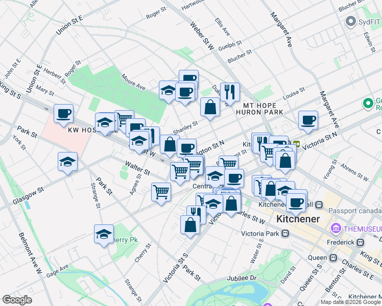 map of restaurants, bars, coffee shops, grocery stores, and more near 36 Wellington Street North in Kitchener