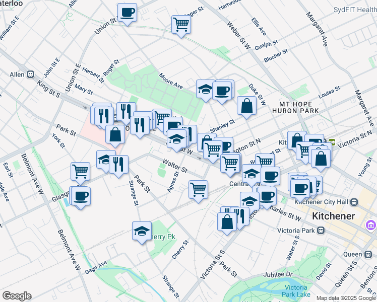 map of restaurants, bars, coffee shops, grocery stores, and more near 692 Waterloo Regional Road 15 in Kitchener