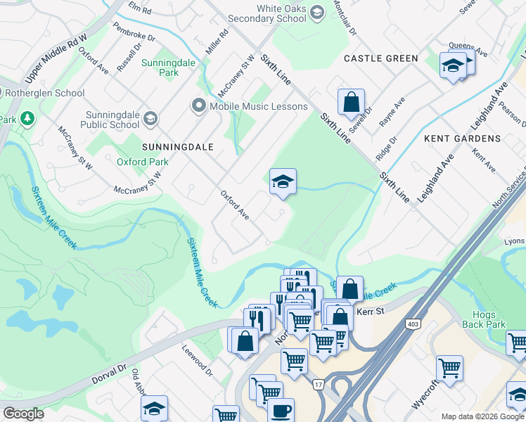 map of restaurants, bars, coffee shops, grocery stores, and more near Otter Crescent in Oakville