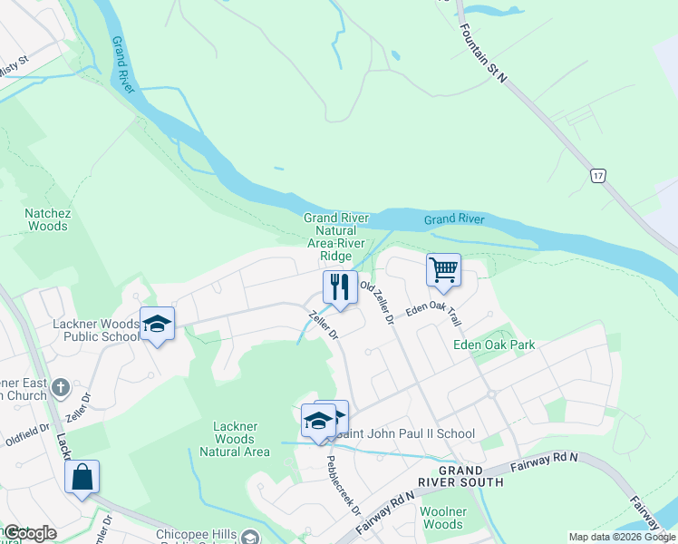 map of restaurants, bars, coffee shops, grocery stores, and more near 35 Valebrook Street in Kitchener