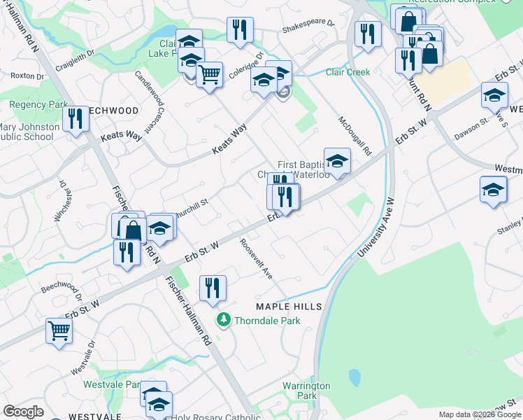 map of restaurants, bars, coffee shops, grocery stores, and more near 360 Erb Street West in Waterloo