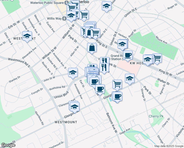 map of restaurants, bars, coffee shops, grocery stores, and more near 115 Union Boulevard in Kitchener