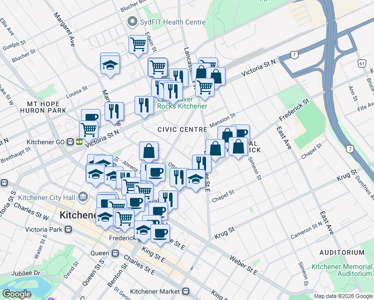 map of restaurants, bars, coffee shops, grocery stores, and more near 20 Ellen Street East in Kitchener