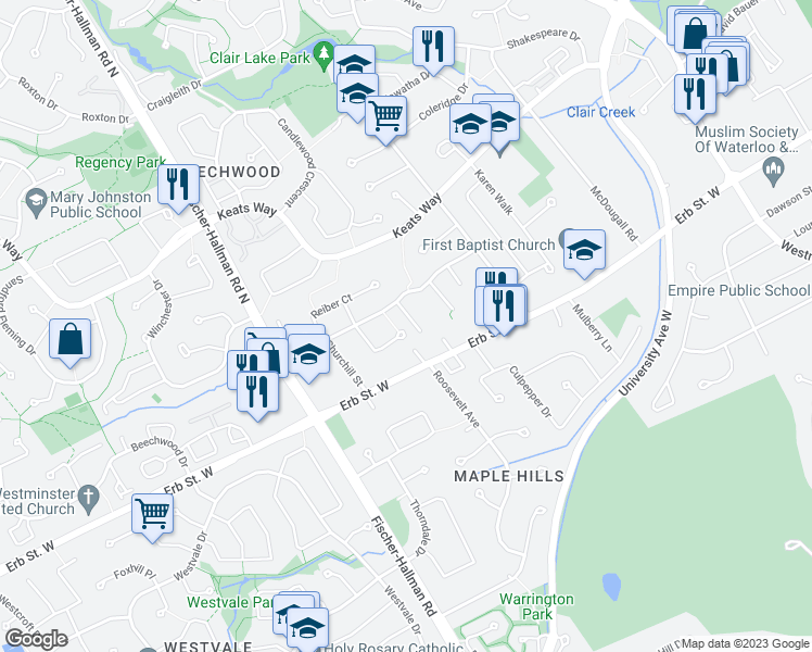 map of restaurants, bars, coffee shops, grocery stores, and more near 370 B Churchill Court in Waterloo