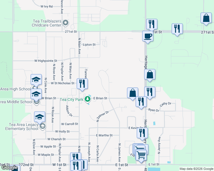 map of restaurants, bars, coffee shops, grocery stores, and more near 925 North James Avenue in Tea