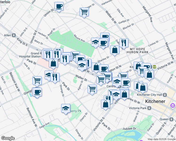 map of restaurants, bars, coffee shops, grocery stores, and more near 692 Waterloo Regional Road 15 in Kitchener