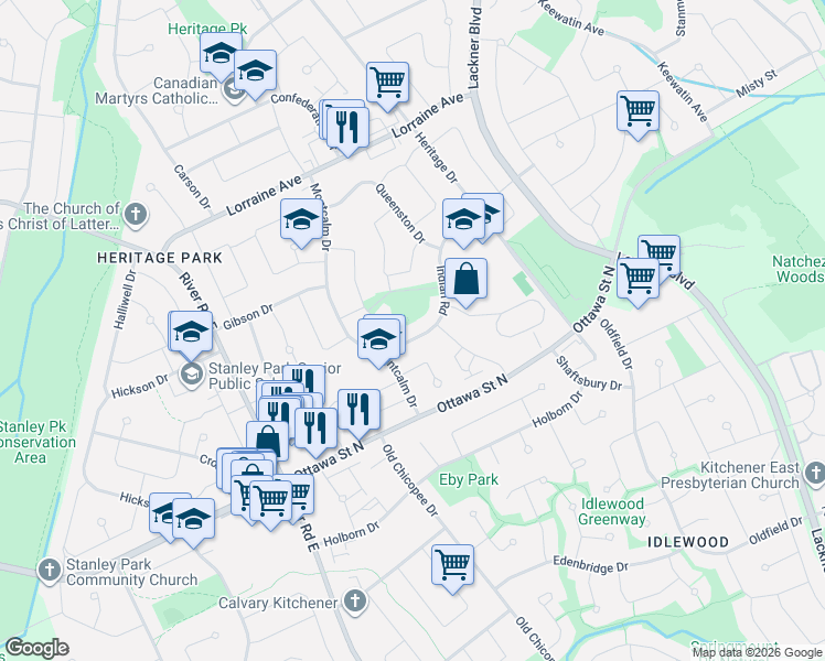 map of restaurants, bars, coffee shops, grocery stores, and more near 102 Indian Road in Kitchener