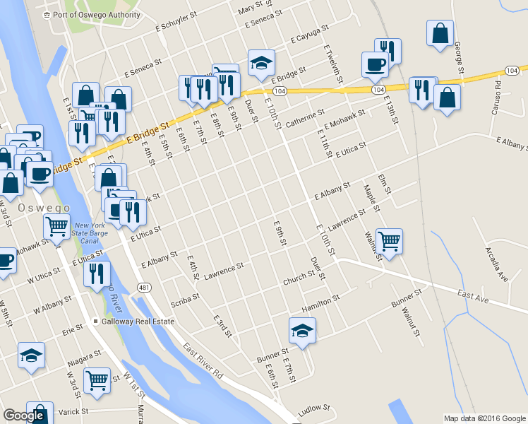 map of restaurants, bars, coffee shops, grocery stores, and more near 91 East Albany Street in Oswego