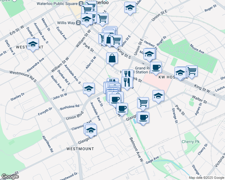 map of restaurants, bars, coffee shops, grocery stores, and more near 115 Union Boulevard in Kitchener