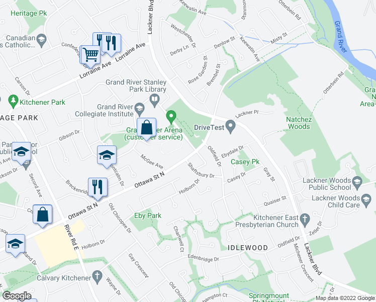 map of restaurants, bars, coffee shops, grocery stores, and more near 607 Heritage Drive in Kitchener