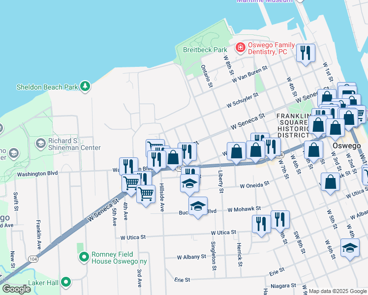 map of restaurants, bars, coffee shops, grocery stores, and more near 183 West Seneca Street in Oswego