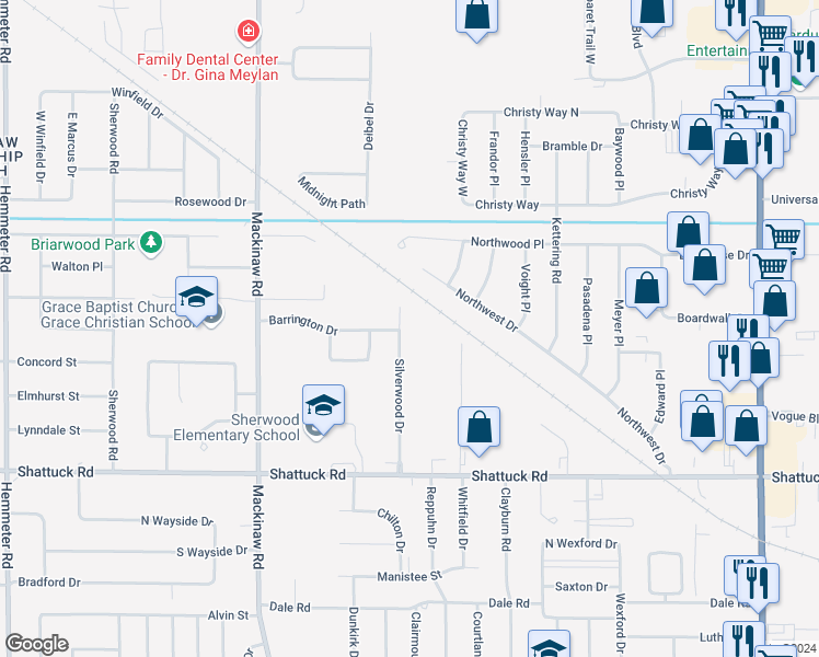map of restaurants, bars, coffee shops, grocery stores, and more near 3286 Silverwood Drive in Saginaw