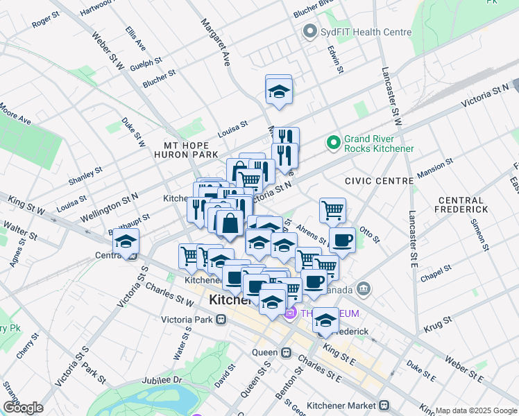 map of restaurants, bars, coffee shops, grocery stores, and more near 97 Ahrens Street West in Kitchener