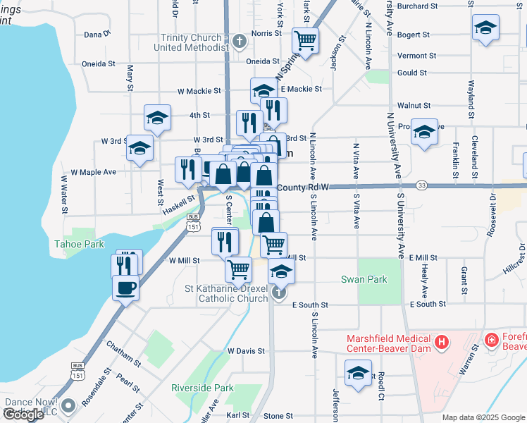 map of restaurants, bars, coffee shops, grocery stores, and more near 134 South Spring Street in Beaver Dam
