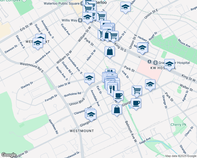 map of restaurants, bars, coffee shops, grocery stores, and more near 142 Union Boulevard in Kitchener