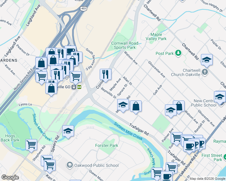 map of restaurants, bars, coffee shops, grocery stores, and more near 302 Maple Avenue in Oakville