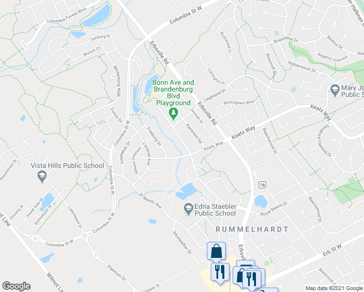 map of restaurants, bars, coffee shops, grocery stores, and more near 770 Brandenburg Boulevard in Waterloo