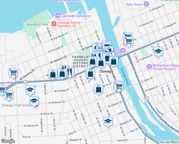 map of restaurants, bars, coffee shops, grocery stores, and more near 137 West 5th Street in Oswego