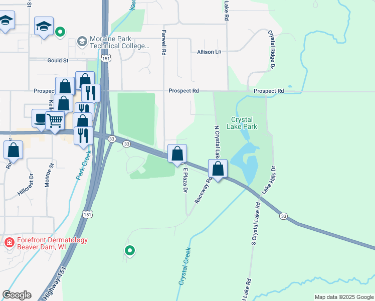 map of restaurants, bars, coffee shops, grocery stores, and more near W8180 State Road 33 in Beaver Dam