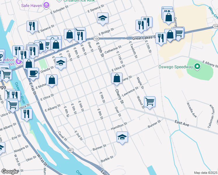 map of restaurants, bars, coffee shops, grocery stores, and more near 272 Duer Street in Oswego