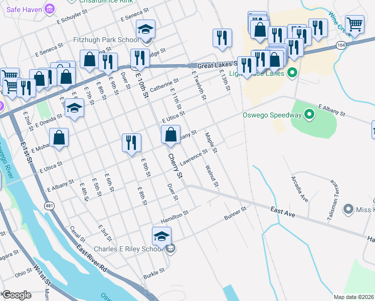 map of restaurants, bars, coffee shops, grocery stores, and more near 297 Chestnut Street in Oswego