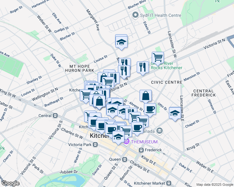 map of restaurants, bars, coffee shops, grocery stores, and more near in Kitchener