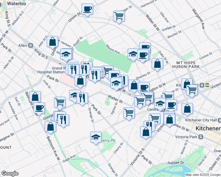 map of restaurants, bars, coffee shops, grocery stores, and more near in Kitchener