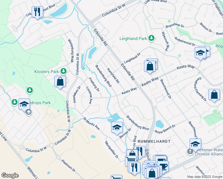 map of restaurants, bars, coffee shops, grocery stores, and more near 770 Brandenburg Boulevard in Waterloo