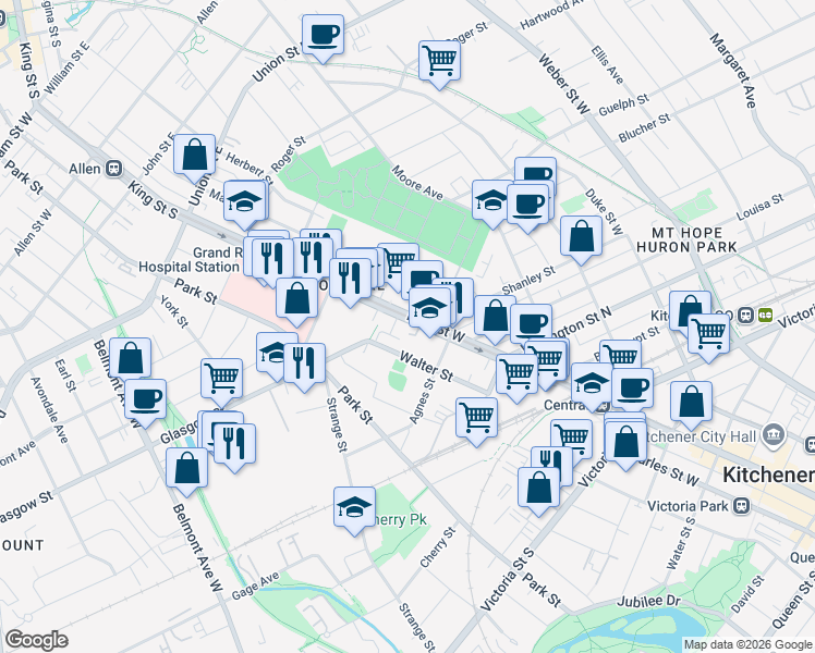 map of restaurants, bars, coffee shops, grocery stores, and more near 741 King Street West in Kitchener
