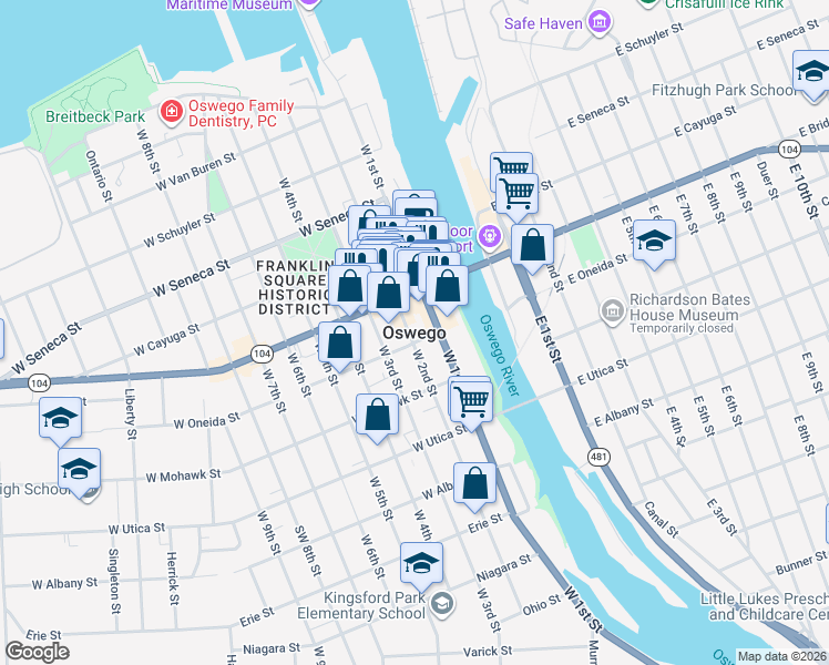map of restaurants, bars, coffee shops, grocery stores, and more near in Oswego