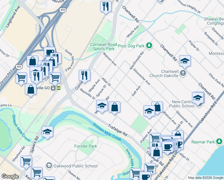 map of restaurants, bars, coffee shops, grocery stores, and more near 351 Macdonald Road in Oakville