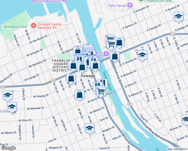 map of restaurants, bars, coffee shops, grocery stores, and more near in Oswego