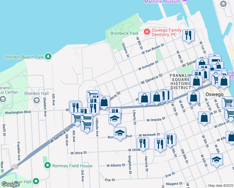 map of restaurants, bars, coffee shops, grocery stores, and more near West Seneca Street & John Street in Oswego