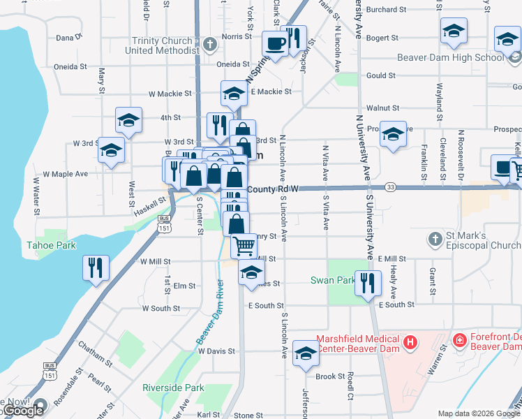 map of restaurants, bars, coffee shops, grocery stores, and more near 113 Washington Street in Beaver Dam
