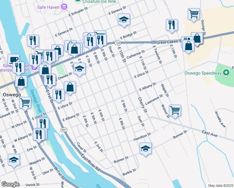 map of restaurants, bars, coffee shops, grocery stores, and more near 91 East Albany Street in Oswego