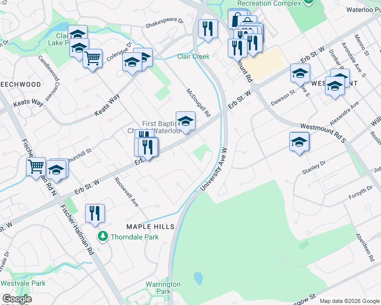 map of restaurants, bars, coffee shops, grocery stores, and more near 15 Mulberry Lane in Waterloo