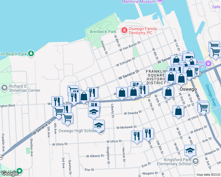 map of restaurants, bars, coffee shops, grocery stores, and more near 145 West Cayuga Street in Oswego