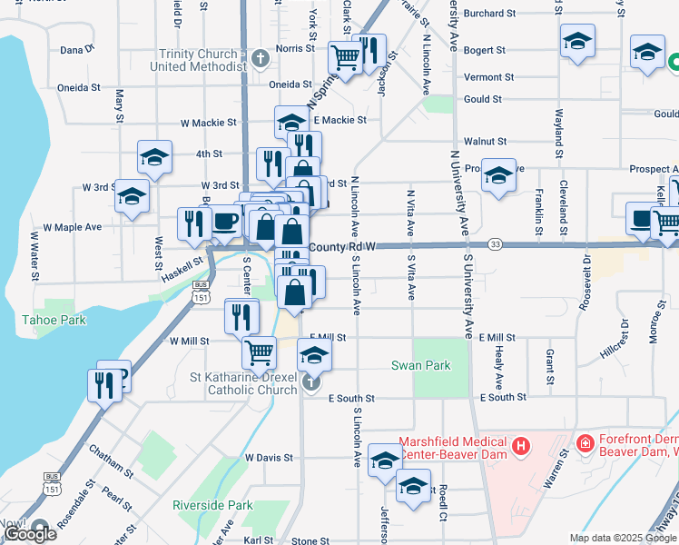 map of restaurants, bars, coffee shops, grocery stores, and more near 200 South Lincoln Avenue in Beaver Dam