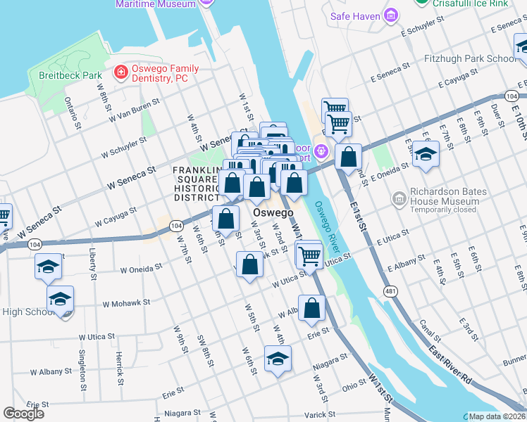 map of restaurants, bars, coffee shops, grocery stores, and more near in Oswego
