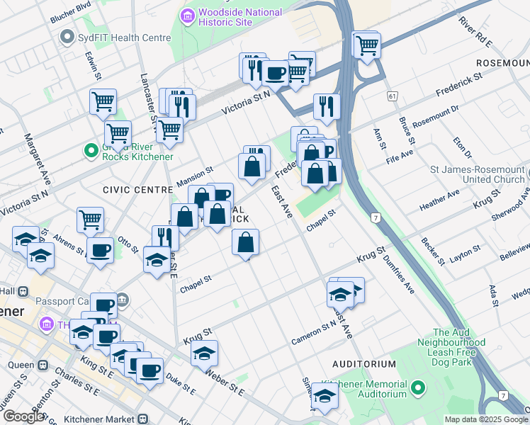 map of restaurants, bars, coffee shops, grocery stores, and more near 32 Lydia Street in Kitchener