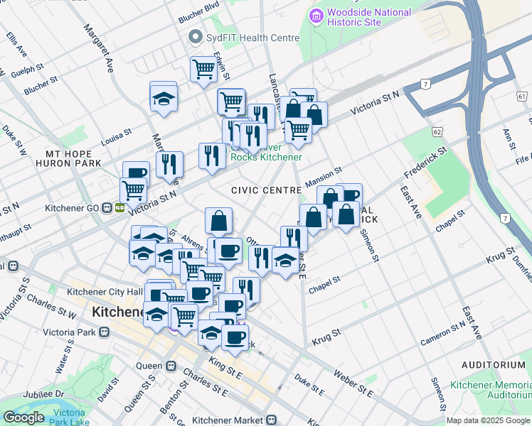 map of restaurants, bars, coffee shops, grocery stores, and more near in Kitchener