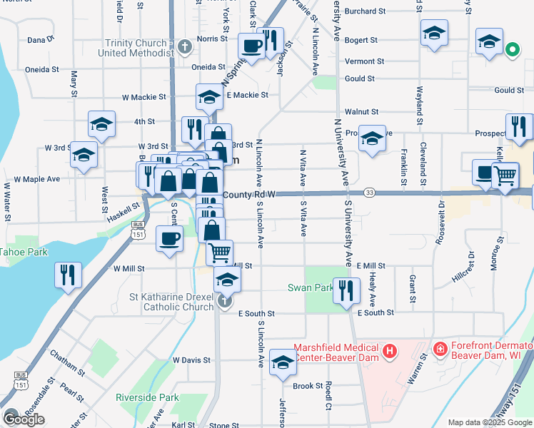 map of restaurants, bars, coffee shops, grocery stores, and more near 200 South Lincoln Avenue in Beaver Dam