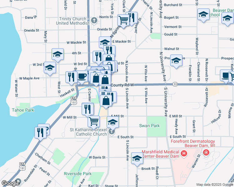 map of restaurants, bars, coffee shops, grocery stores, and more near 113 Washington Street in Beaver Dam