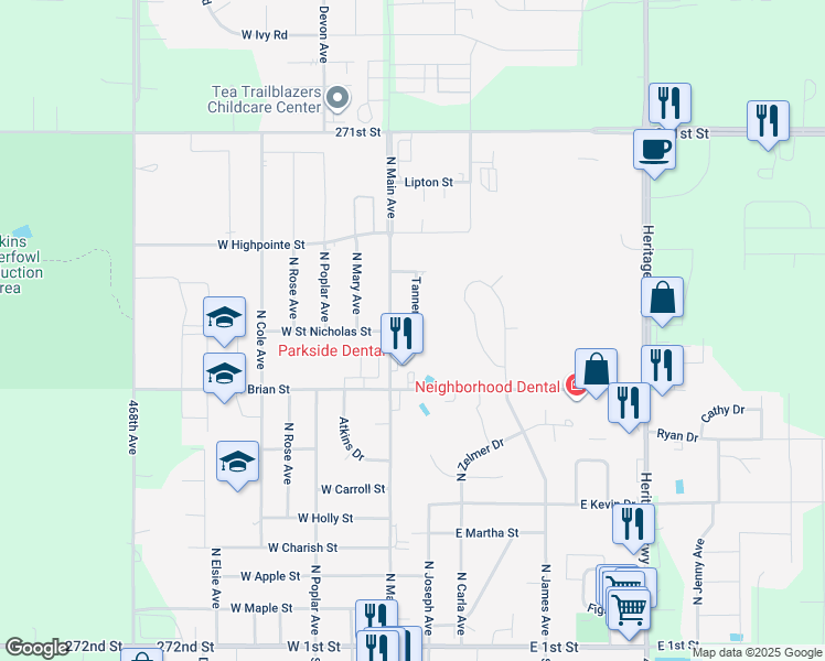 map of restaurants, bars, coffee shops, grocery stores, and more near 115 Tanner Court in Tea