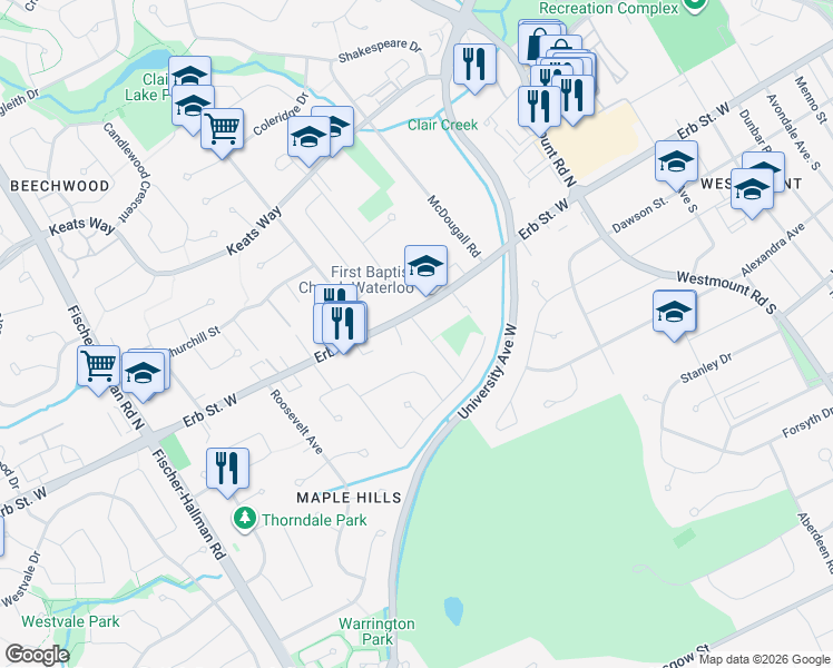 map of restaurants, bars, coffee shops, grocery stores, and more near 15 Mulberry Lane in Waterloo