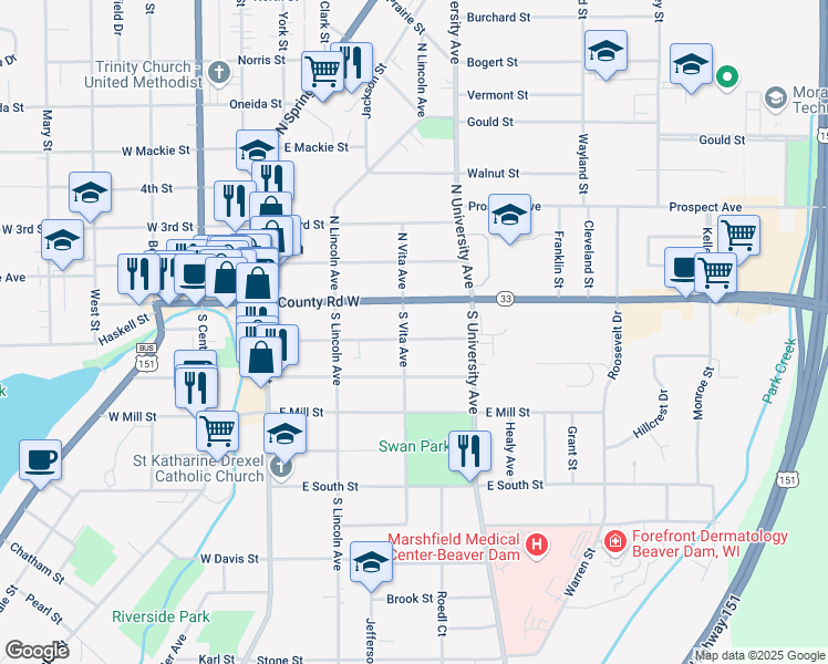 map of restaurants, bars, coffee shops, grocery stores, and more near 201 South Vita Avenue in Beaver Dam