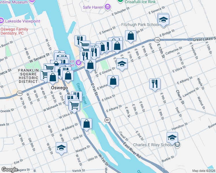 map of restaurants, bars, coffee shops, grocery stores, and more near 124 East 3rd Street in Oswego