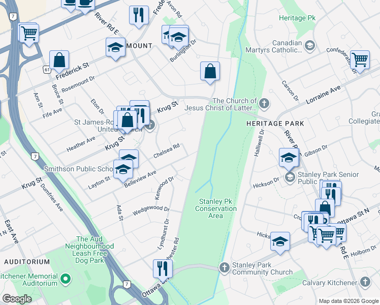 map of restaurants, bars, coffee shops, grocery stores, and more near 255 Belleview Avenue in Kitchener