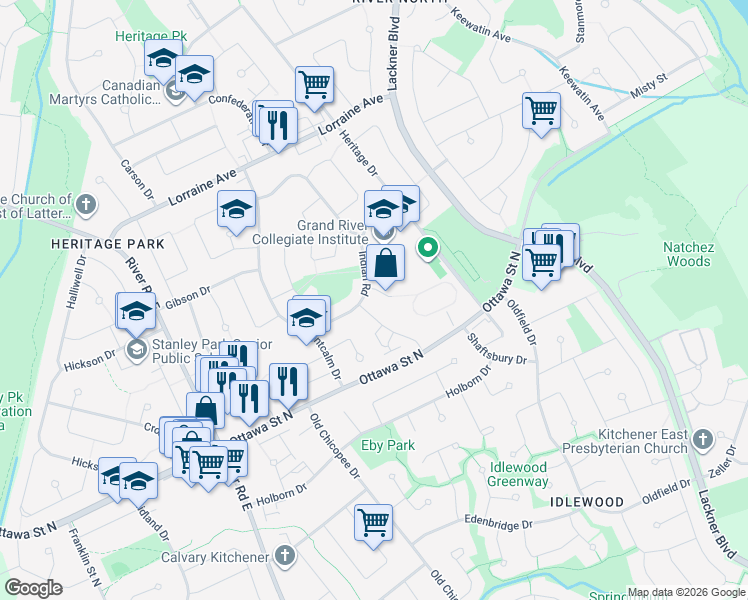 map of restaurants, bars, coffee shops, grocery stores, and more near 125 Indian Road in Kitchener